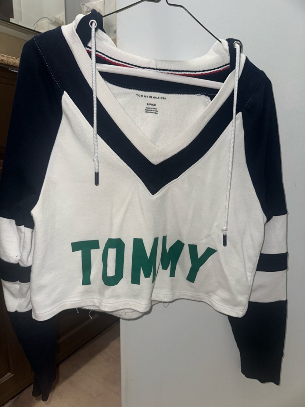 Tommy Hilfiger White Crewneck with Navy Trim and Flag Detail